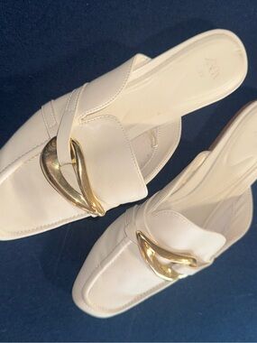 White ZARA Slip-On Leather Mules with Gold Accent
